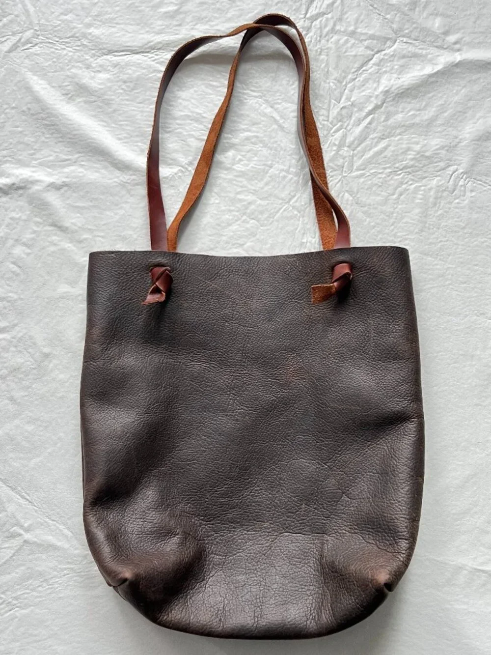 Milestone leather tote bag brown knot knotted top handles rectangular open